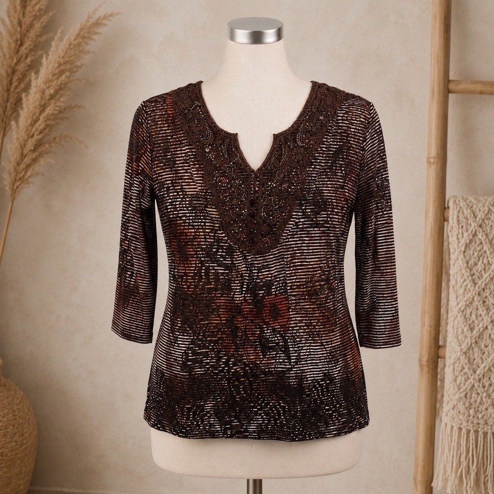 B.L.E.U. Y2K Whimsigoth Boho Sheer Striped Burnout Floral Embellished Tunic XL